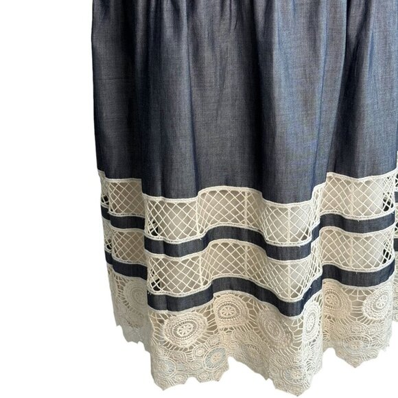 Ann Taylor Tiered Cream Lace Hem Chambray Sleeveless Dress Women's Size 14 - Picture 6 of 9